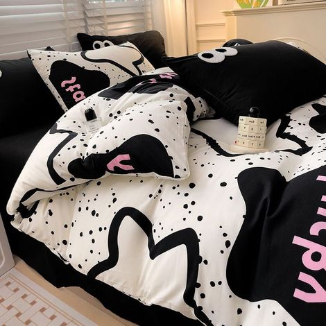Housse De Couette - Drap-Housse - Taies D Oreiller - Ensemble Literie Coton 100 Pour Lit 180x200 Cm - Noir - 4 Pieces