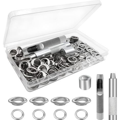 AIDUCHO Trousse à œillets Outils, Ensembles Oeillets 100 Set, Oeillets pour baches, Kit de Grommets Eyelets, pour Toile Bâche Tente de Réparation Argent (1/5)