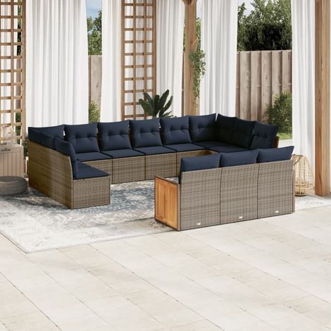 Salon de jardin modulable 13 pièces en résine tressée grise avec coussins bleu marine - PANGIVO (1/5)