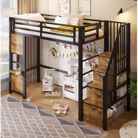 Letto a soppalco 90x200 cm in metallo e MDF con scala contenitore nero HAVRYA (1/5)