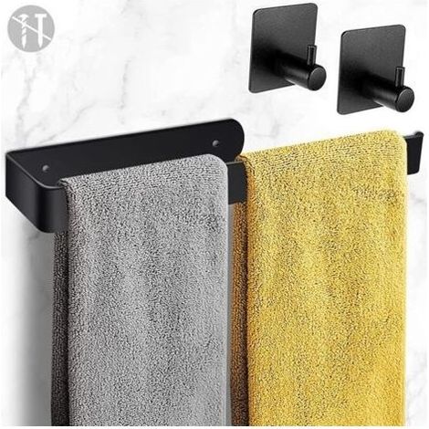 Porte-serviettes sans perçage, noir, 32 cm, auto-adhésif avec 2 crochets, pour salle de bain, cuisine et WC. (1/5)