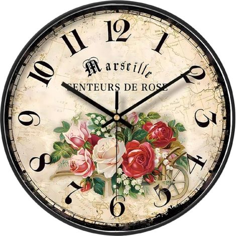 12-Zoll-Gartenwanduhr, bunte Blumen, Retro-Chic-Stil, elegant und geräuschlos, kein Ticken, geeignet zur Dekoration von Wohnzimmer, Schlafzimmer und Küche XXW