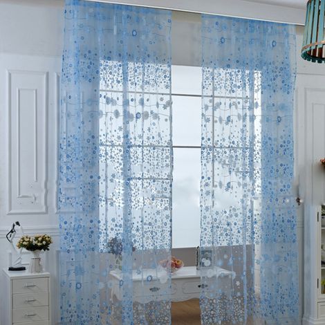 Eleganter, lichtdurchlässiger Voile-Vorhang mit Blumenmuster für Wohnzimmer, Schlafzimmer oder Büro, Himmelblau, 100 x 250 cm, inklusive Haken (1/5)