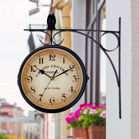 Horloge Murale Horloge Double Face avec Support, Style Rétro, Horloge de Gare New York, 25cm Grande Horloge Murale, Horloge Metal pour intérieurs et extérieurs, Jardin, Terrasse(01) (1/5)