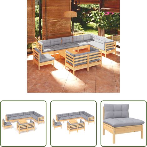Terrassensofa - 11-tlg. Garten-Lounge-Set mit Grauen Kissen Kiefer Massivholz (1/5)