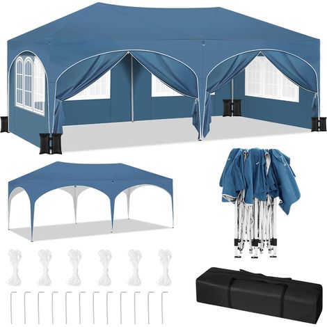 WOLTU Cenador de Jardín 3 x 6 m, Impermeable Protección UV, para Bodas, Eventos y Barbacoas, Azul + Juego de 4 Sacos de Arena