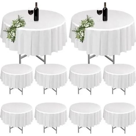Lot de 10 Nappe Ronde Blanches, Nappe Lavable pour Table de Jardin, Polyester Nappes, Protection de Table, pour Mariage, 213 CM