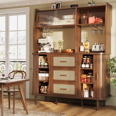 REDOM - Aparador de cocina - 140x40.5x174.5 cm - puertas correderas de vidrio - 3 cajones frontal de ratán - MDF y metal - nogal