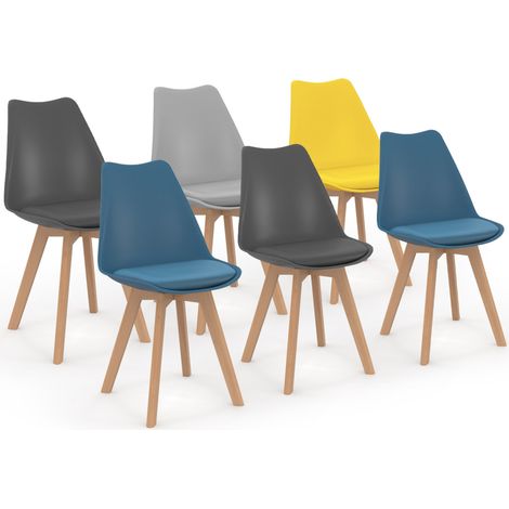 Idmarket – Lot de 6 chaises scandinaves – Dossier en polypropylène – Pieds en bois d'hévéa – Assise confortable – Mix color bleu, gris clair, gris foncé, jaune (1/5)