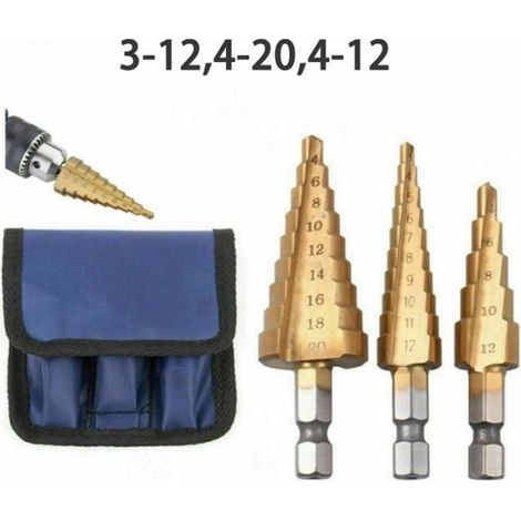 3Pcs Forets coniques HSS plaqués titane 3-12, 4-20, 4-12 avec tige hexagonale (1/4)