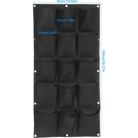 Sac de culture mural vertical en feutre noir - Système de jardinage suspendu avec 15 poches pour plantes, fleurs, aromates et légumes (1/5)