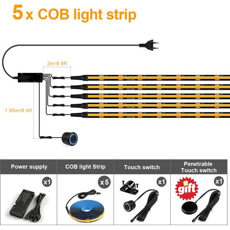(5 bandes, lumière naturelle, 2M) Bandes LED noires, COB, interrupteur à gradation par capteur tactile double, aucun perçage requis pour l'installation. (1/5)