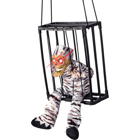 Décoration de maison hantée : cage à crâne effrayante, fantôme suspendu hurlant, accessoire d'Halloween avec détecteur de mouvement Z248 argenté aux yeux ouverts (1/4)