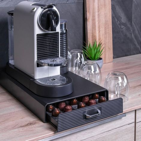 Tiroir de rangement pour 50 capsules de café- Compatible avec les capsules Nespresso -38.2 x 23.2 x 5,6 cm- Porte-capsule Tiroir Boîte de rangement en noir Machine à capsules