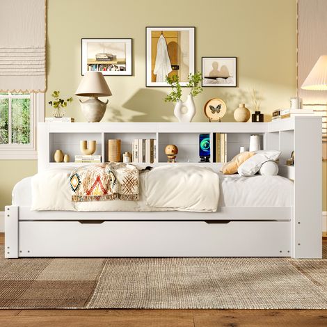 Daybed 90x200 cm, canapé-lit escamotable avec tiroir, prises intégrées et 2 ports USB, sommier à lattes inclus (sans matelas), panneau de particules, blanc (1/5)