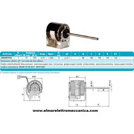ELCO 3RGM 75-50-6V/1 Motore 165 W MONOALBERO 6 Velocità aspiratore Fan Coil