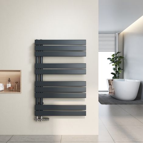 Heilmetz Radiador toallero de agua caliente 89,9 x 60 cm, 532 W, Antracita, Diseño asimétrico, Tubos planos, Conexión lateral