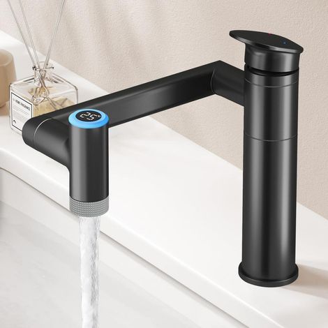 Waschtischarmatur mit 1080° Schwenkarm, Temperaturanzeige und 2 Strahlarten, Schwarz (1/5)