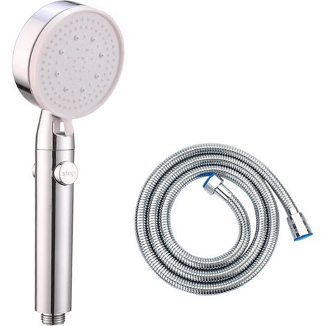 1 Pommeau de douche, flexible acier inoxydable, 5 jets, bouton pause, haute pression, salle de bain (1/5)