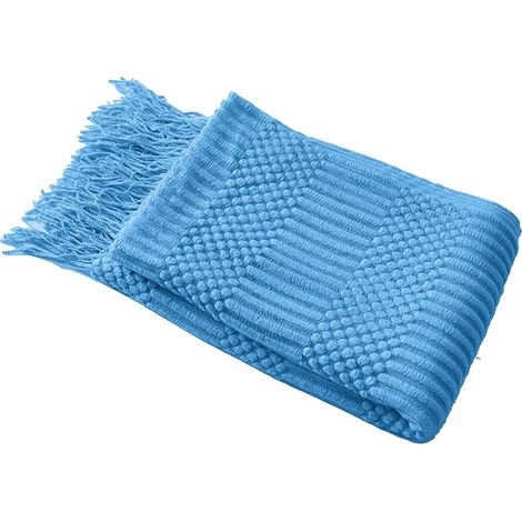 1 Plaid tricoté, maille texturée, pompons, polyester, 130 x 172 cm, salon chambre bureau (1/5)
