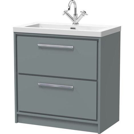 Balterley Longnor Modern Bathroom Floor Standing 2 Soft-Close Drawer Vanity Fireclay Basin, Coastal Grey, 800mm