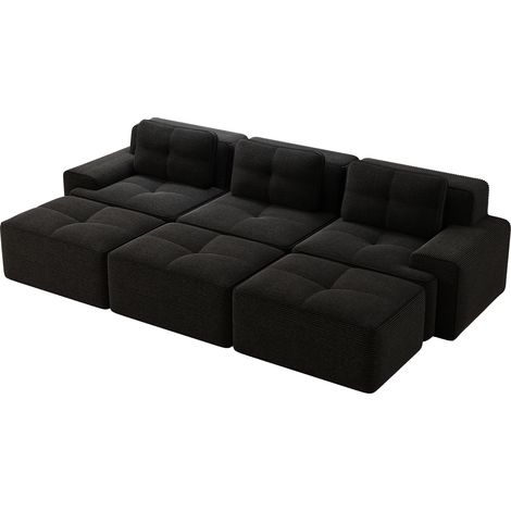 Canapé sans structure, tissu en velours côtelé doux, canapé d’angle modulable avec fonction couchage et 3 poufs, canapé 3 places confortable pour le salon, noir (1/5)
