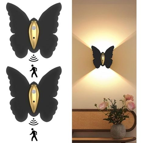 Lampe murale papillon rechargeable d'intérieur - Lampe murale à détecteur de mouvement + télécommande - Lot de 2, noir (1/5)