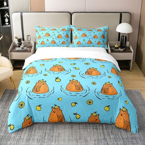 Housse de couette 100 % coton 135 x 200 cm Pour enfants Motif animaux Pour garçons Thème naturel Bleu marron Décoration de chambre respirante (1/5)