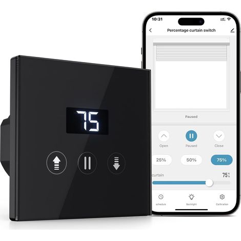 Interrupteur Volet Roulant Connecté, 80  80 mm Interrupteur Tactile de Stores Compatible avec /Google Home, Équipé un Écran LCD en Pourcentage Contôle à Distance - Noir (1/5)