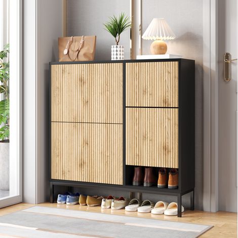 Schuhschrank 100 x 25 x 100 cm, MDF Schwarz/Natur, 3 Klappen, platzsparend – MEUBLIV (1/5)