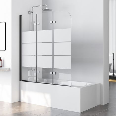 Boromal 120x140cm Badewannenaufsatz faltbar Duschwand Badewanne 3 Teilig Badewannenfaltwand Glaswand Duschabtrennung Badewanne, 6mm ESG Glas, Schwarz