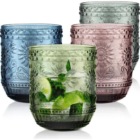 Colourful Water Glass, Stackable Multi-Coloured Vintage Embossed Flower Drinking Glasses, Table Glasses, for Juice, Beer, Cocktail, Lemonade, Dishwasher Safe (1/5)