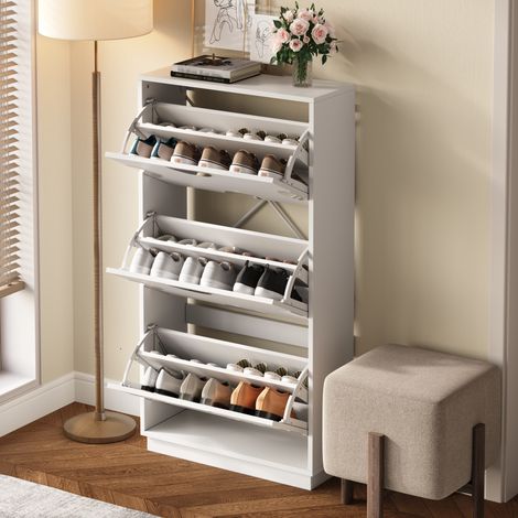 Scarpiera 63x24x120 cm bianca in MDF con specchio tondo, 3 ribalte e design salvaspazio (1/5)