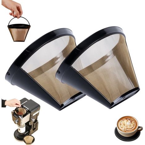 Lot de 2 filtres à café en acier inoxydable avec poignée. Filtres réutilisables en papier noir. Compatibles avec les machines à café. (1/5)