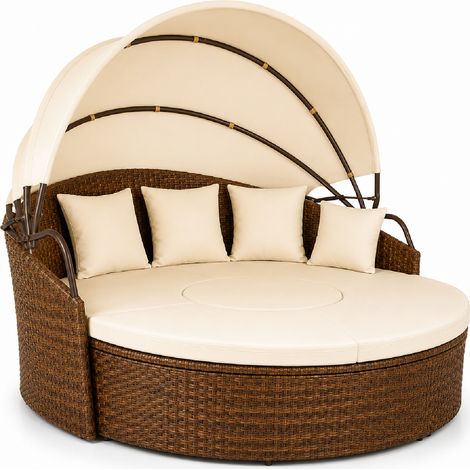 Lettino Prendisole Rotondo da Giardino con Tettuccio Parasole Pieghevole Isola Relax Modulare in Polyrattan con Tavolino e 4 Cuscini 180 x 171 x 136 cm Beige e Marrone (1/5)