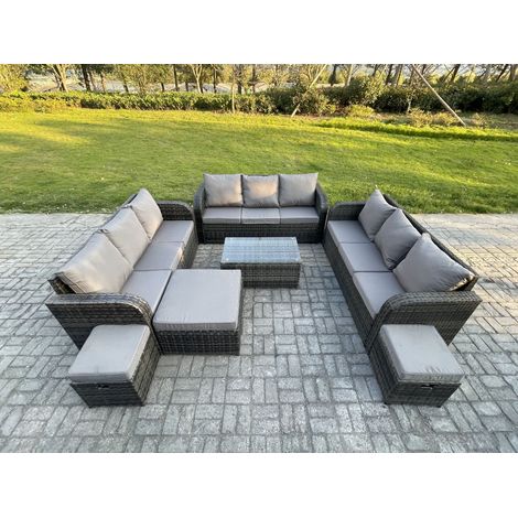 Fimous Ensemble de canapés en rotin 12 places salon de jardin avec Table basse rectangulaire Canapé 3 places 3 Tabourets Gris foncé mixte (1/5)