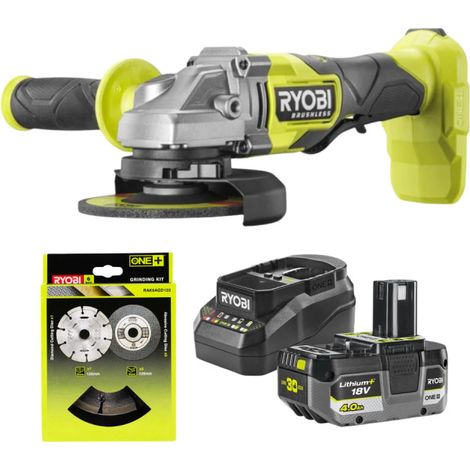 Meuleuse d'angle RYOBI 18V One+ Brushless RAG18BL - 125mm - Batterie 4,0Ah et chargeur - Lot de 6 disques (1/5)