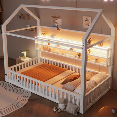 Letto a casetta in metallo bianco 90x200 cm con recinzione di sicurezza e illuminazione LED (1/5)