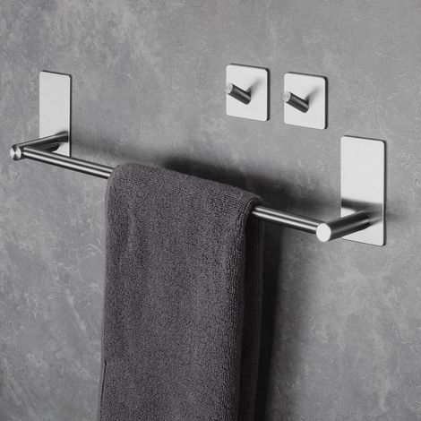 Porte Serviette Salle de Bain sans Perçage Barre Porte Serviette INOX Murale Porte Serviettes Auto-Adhésif avec 2 Crochets Support Serviette Murale Salle de Bain Cuisine (40cm, Argente)-1 (1/5)