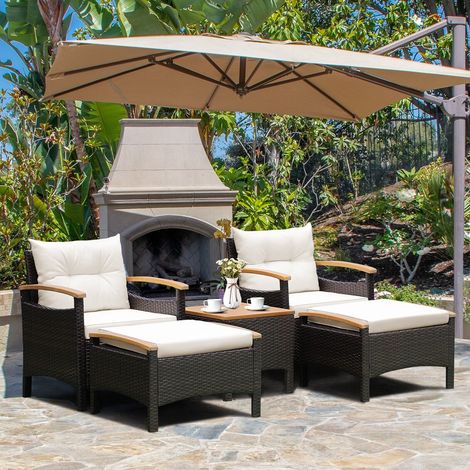 COSTWAY 5 Piece Patio Rattan Furniture Set Wicker  Lounge Chair and Ottoman Set W/ Table (1/5)