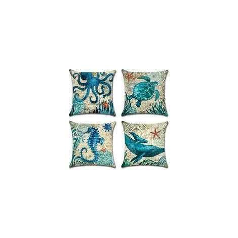 Extérieur Housse De Coussin, Lot De 4 Imperméable La Vie Marine Bleue Motif Canapé Taie D'oreiller Pour Patio Jardin Salon Chambre Décoration, 45x45cm (1/5)