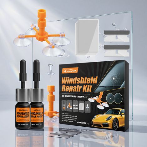 Windschutzscheiben-Pflegeset für klare Sicht im Alltag: Auto-Windschutzscheiben-Reparaturset – Pflegelösung: 2 ml x 2, Nadel x 1, Pflegewerkzeug x 1, Klinge x 2, Härtungsfolie x 5 -- BIEMMEDUE (1/5)