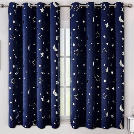 Rideaux "Étoiles" pour Chambre de Bébé Garçon - 2 Panneaux Assombrissants - Décoration Thématique Espace - Petite Fenêtre