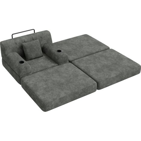 Fauteuil convertible 1 place en velours côtelé gris foncé avec repose-pieds, fonction lit et rangements (1/5)