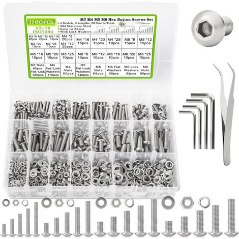 Kit de 1160 vis et écrous métriques argentés, comprenant les tailles M3, M4, M5 et M6, en acier inoxydable 304, avec tête hexagonale bombée. (1/4)
