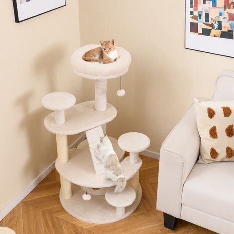 Arbre à Chat Multi-Niveaux avec Condo Perchoir Rembourré Poteaux à Gratter Boule en Peluche Suspendue Plates-formes de Saut Blanc (1/2)