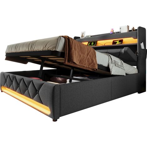 Lit double 140x200 avec coffre hydraulique, tête de lit avec USB et port Type C, LED 360°, rangements et tissu gris, sans matelas, idéal pour chambre moderne – CHICFURN (1/5)