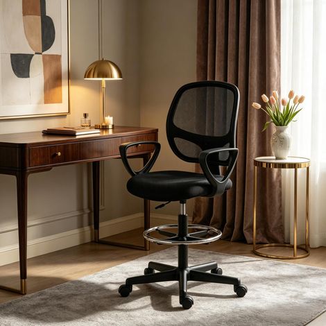 Silla de escritorio ergonómica con reposapiés, respaldo de malla, nylon negro (1/5)