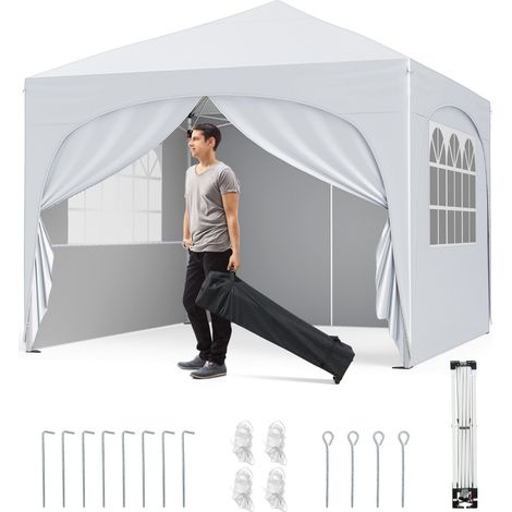 Tenda gazebo richiudibile con 4 pareti rimovibili 3x3 m borsa con ruote, Riparo sole da spiaggia pieghevole Bianco