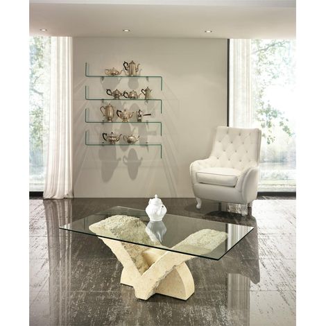 Tavolino da Salotto Papillon con Base in Pietra Fossile White Agata e Piano in Vetro Temperato Rettangolare Trasparente 120x70x40 cm (1/5)